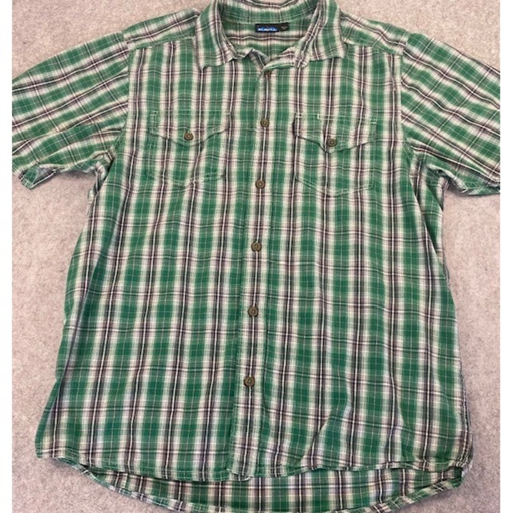 KAVU Mens Green Plaid Short Sleeve Button Up‎ Shirt Size Large